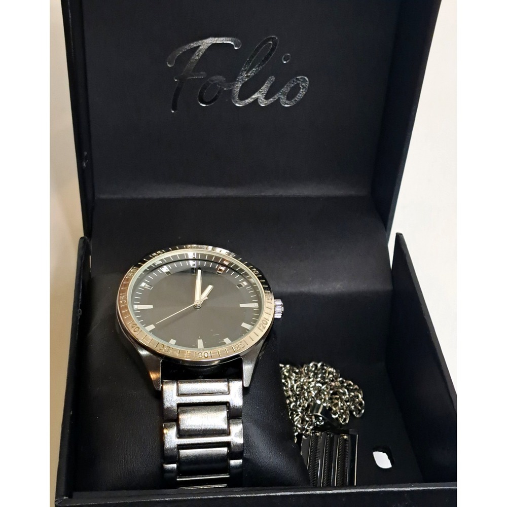 Folio Mens Quartz Watch And Necklace Gift Box Set 26" Chain EUC NEW BATTERY 7/26